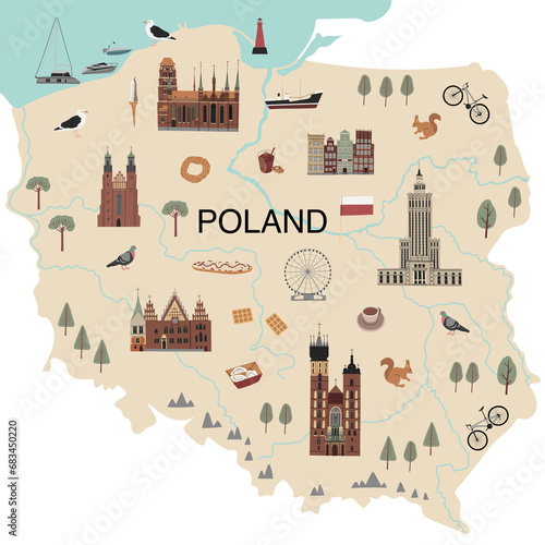 Color hand drawn illustrated map of Poland. Traditional buildings, street food, transport, animals, birds and symbols. Bright design for tourist posters, banners, prints