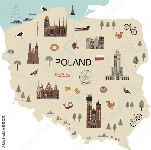 Color hand drawn illustrated map of Poland. Traditional buildings, street food, transport, animals, birds and symbols. Isolated on a transparent background