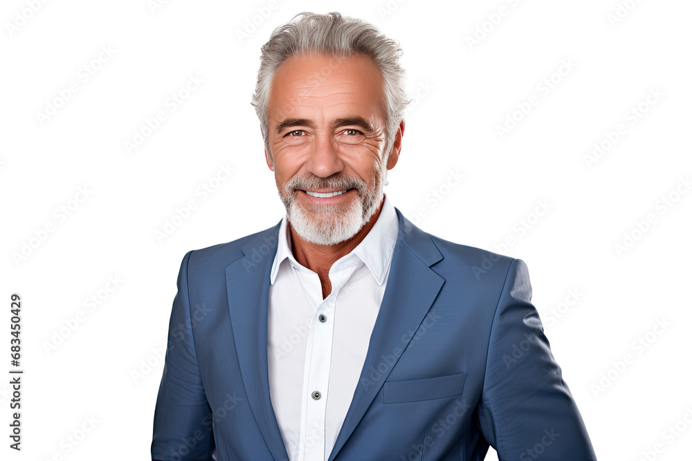 Portrait studio shot of an attractive senior businessman showing positive facial expressions, isolated on a transparent PNG background.