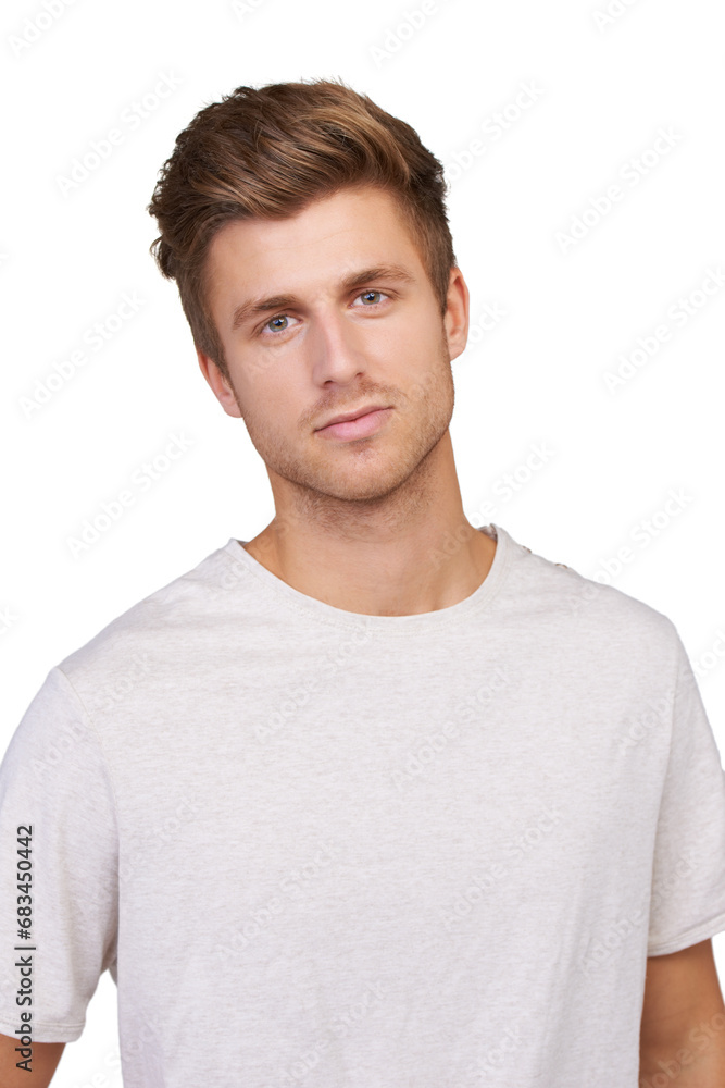 Portrait, attitude and man in studio with confidence, edgy or cool personality on white background. Face, pose and handsome male model with positive mindset, chilling or relaxed with casual fashion
