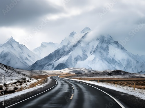 a narrow roadway going towards mountains covered with snow in in winters