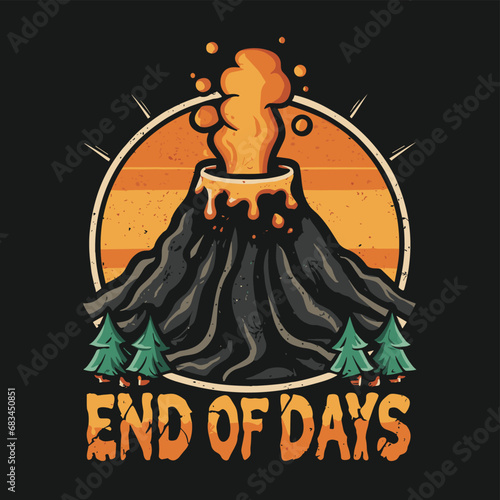 Vector t-shirt design Vintage retro sunset black style design of a cartoon Gibbons A volcano with flames rising from it and Lava is falling from it, text “ end of days"

