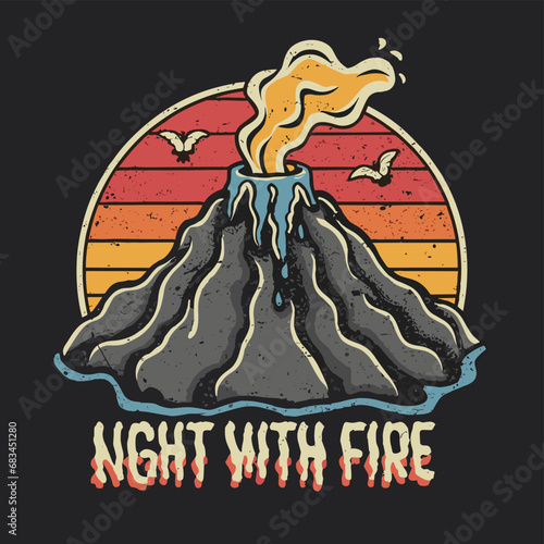 Vector t-shirt design Vintage retro sunset black style design of a cartoon Gibbons A volcano with flames rising from it and Lava is falling from it, text “ end of days"

