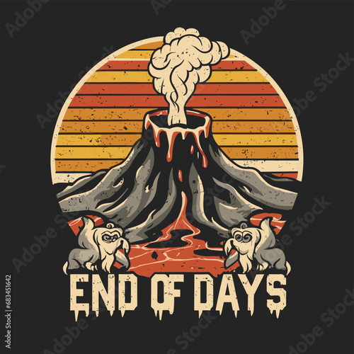 Vector t-shirt design Vintage retro sunset black style design of a cartoon Gibbons A volcano with flames rising from it and Lava is falling from it, text “ end of days"

