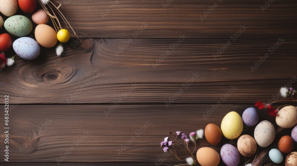 Naklejka premium easter caopy space wallpaper with easter eggs on wooden background