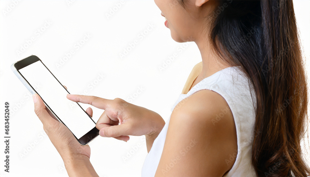 Smartphone with blank screen in woman hand isolated on white background. Smartphone with blank screen in woman hand isolated on white background.
