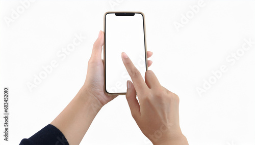 Smartphone with blank screen in woman hand isolated on white background.