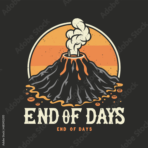 Vector t-shirt design Vintage retro sunset black style design of a cartoon Gibbons A volcano with flames rising from it and Lava is falling from it, text “ end of days"

