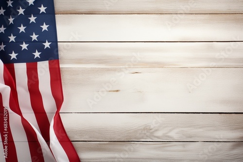 American flag over a white wooden rustic background, american flag top view, USA flag, US flag, America's Independence, American celebration