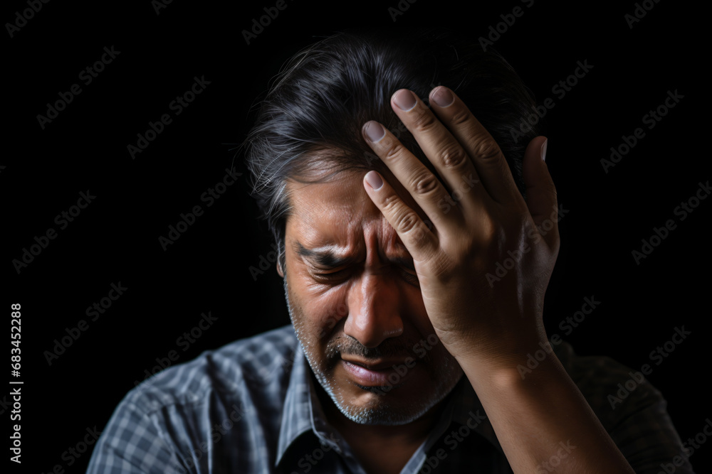 a man holding his head in his hands a man holding his head in his hands