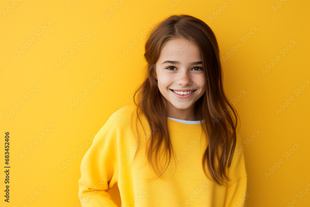 a young girl with long hair and a yellow sweater a young girl with long hair and a yellow sweater
