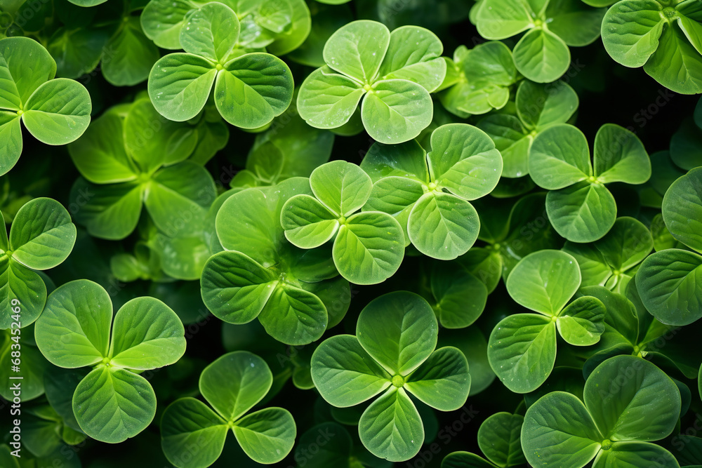 A close up of several clover leaves, in the style of light yellow and dark emerald, symmetrical arrangements A close up of several clover leaves, in the style of light yellow and dark emerald, symmetrical arrangements
