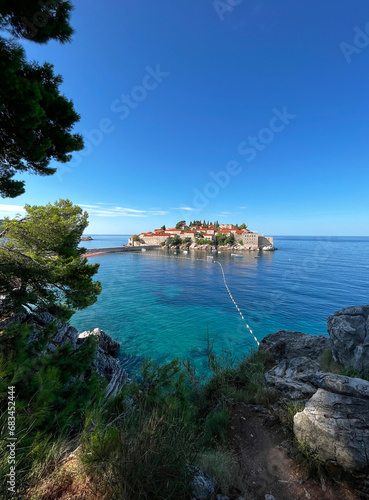 Fototapeta Naklejka Na Ścianę i Meble -  Montenegro, Sveti Stefan island in Budva. View of the beautiful island of Sveti Stefan.