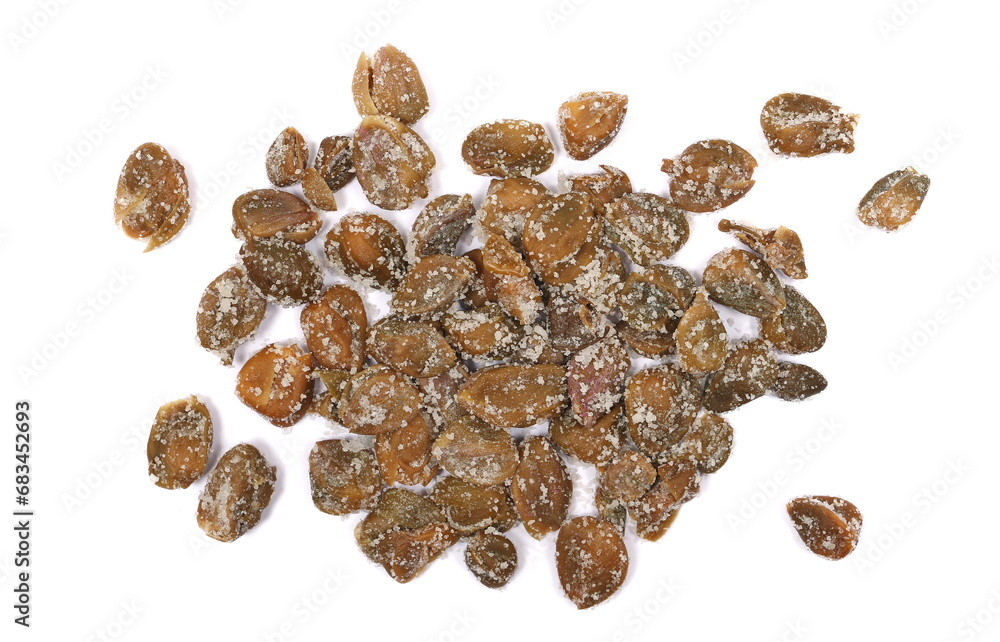 Capers in salt, edible flower buds isolated on white, top view Capers in salt, edible flower buds isolated on white, top view