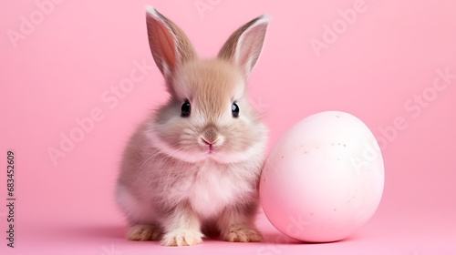 Baby bunny sitting with easter egg on empty pink background © Nate