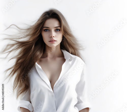 beautiful girl in a white shirt on a white background