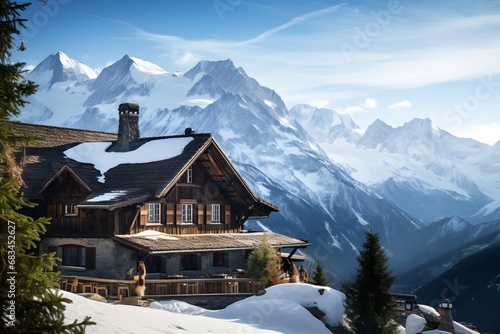 a beautiful scenic old wooden lodge house covered with snow on in rural on top of the snowy mountain in winters