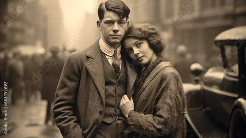 A young couple on the streets in 1920, ai generative © Iva