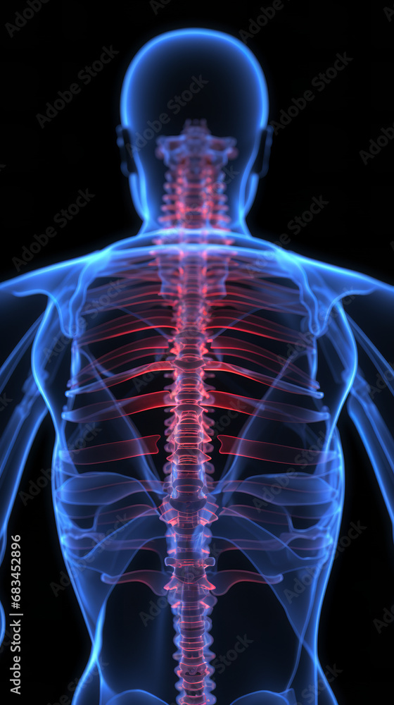 Blue human skeleton, from the back, close up on the spine Blue human skeleton, from the back, close up on the spine
