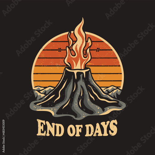 Vector t-shirt design Vintage retro sunset black style design of a cartoon Gibbons A volcano with flames rising from it and Lava is falling from it, text “ end of days"

