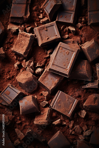 Chocolate bar pieces scattered on a grey colored background
