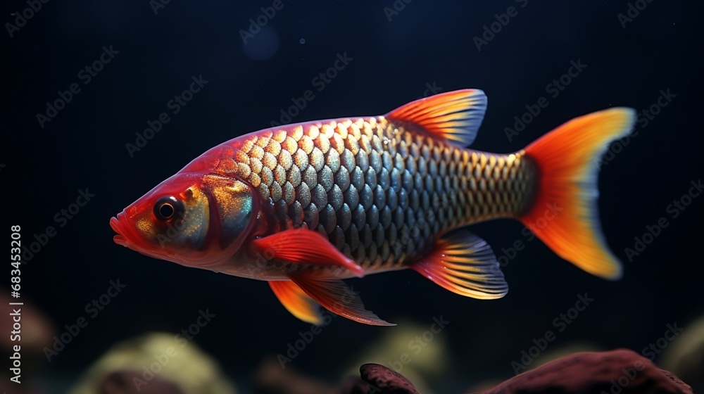A close-up of a Cherry Barb displaying its striking red and gold coloration, with intricate details of its scales and fins. A close-up of a Cherry Barb displaying its striking red and gold coloration, with intricate details of its scales and fins.