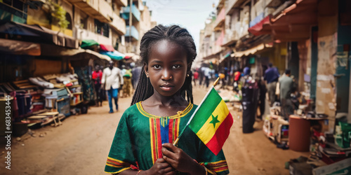 Senegalese girl holding Senegal flag in Dakar street photo