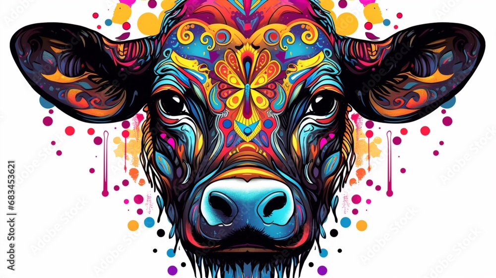 Cute cow head mandala black painting cyberdelic chao.Generative AI