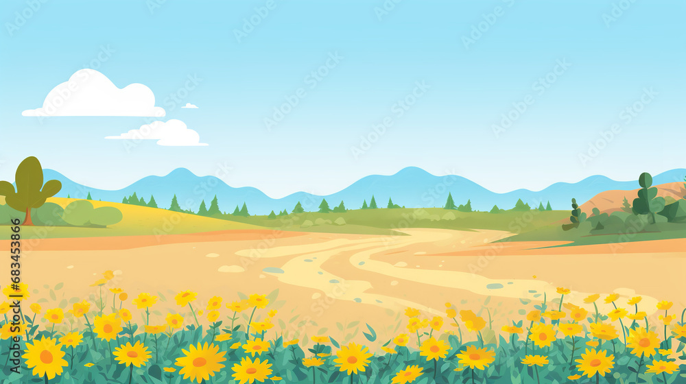 In the middle is a large open space, with a sunflower, some flowers, some plants, parks, roads, trees, grasslands