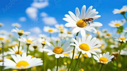 Natural background depicting daisy flower and bees on a sunny day