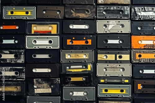 Pattern from old tape cassettes. top view realistic photo