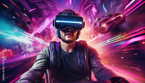 A Boy in VR Glasses in VR Reality in Synthwave Style, Future photo