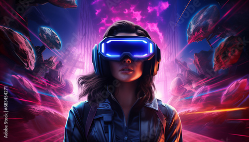 A Girl in VR Glasses in VR Reality in Synthwave Style, Future