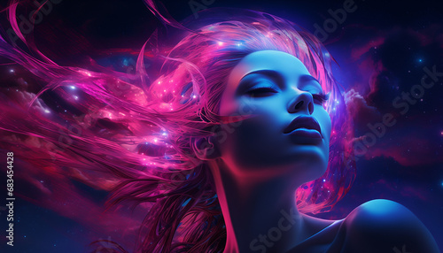 Beautiful Woman Hybrid in Galaxy Virtual Reality Futuristic photo