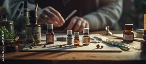 Foto close-up view of ampoules with medicine on wooden table