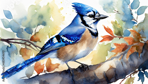 Watercolor painting of a Blue Jay perched on a branch photo