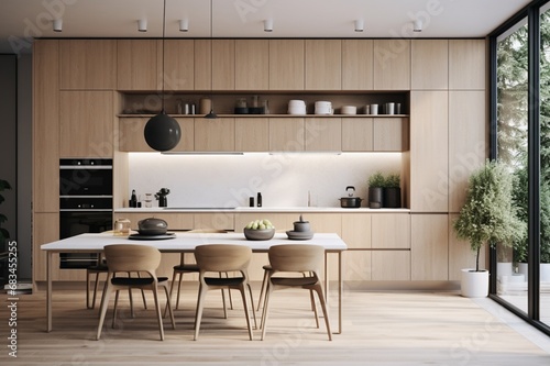 A sleek and modern kitchen featuring clean lines  light wood accents  and a touch of greenery for a fresh Scandinavian vibe