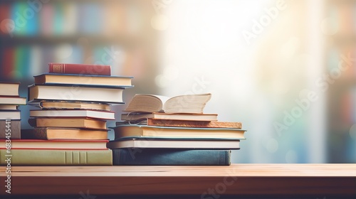 pile of books on the table, soft light and blurred background
