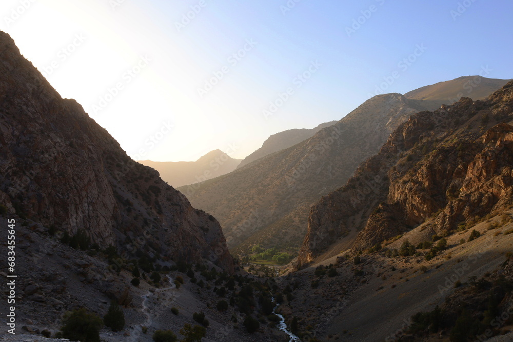 Mountain landscape on a hiking trail from Artuch tu Kulikalon lakes in Fann Mountains, Tajikistan