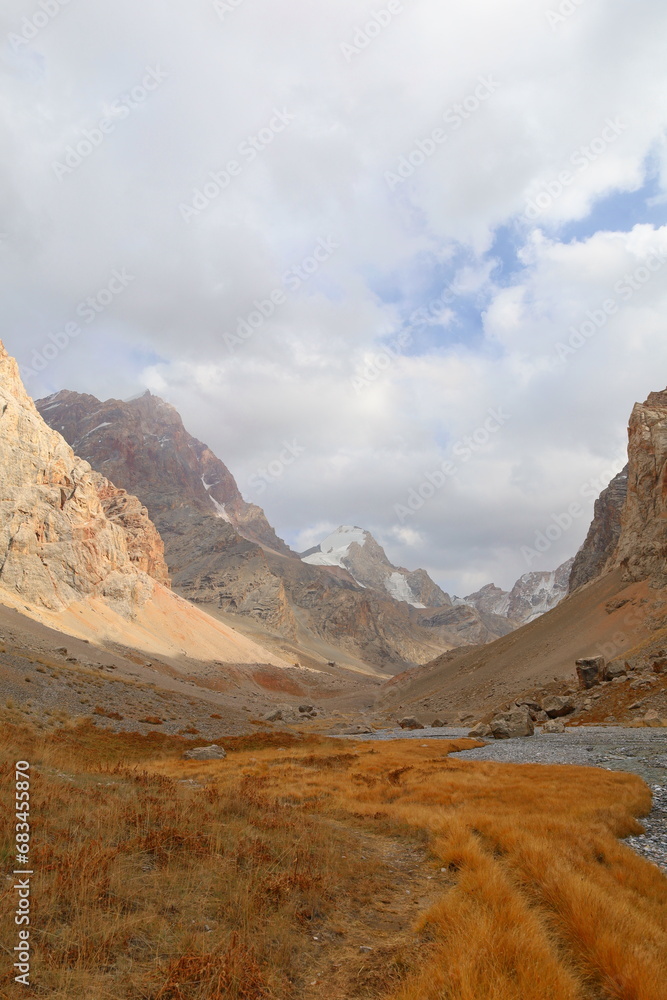 Chimtarga mountain pass landscape - highest peak of Fann mountains located between Mutnyi lake and Bolshoi Alo lake, Tajikistan