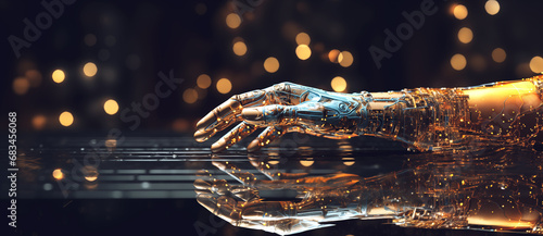 a robot hand is holding a glowing glass ball in front of a dark background, in the style of light silver and light orange, global imagery, metallic accents, les automates, lifelike figures, eco-friend