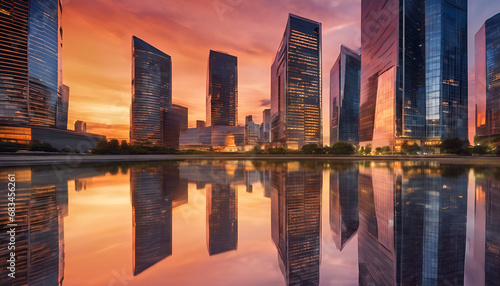 A striking cityscape of modern corporate buildings reflecting the warm colors of twilight, conveying a sense of urban sophistication and progress