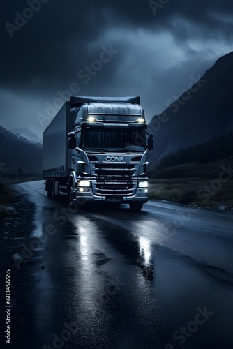 a logistics delivery shipping transportation commercial cargo truck vehicle moving on a road at night