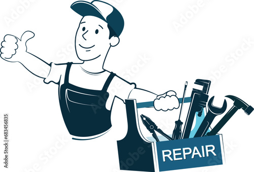 A worker in a uniform and a box with repair tools. Symbol for repair and service