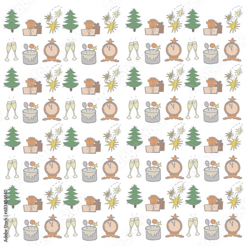 seamless pattern holiday, birthday, new year, clock, glasses of champagne, tree, cake, fireworks, gifts in boxes, fun, happiness, joy