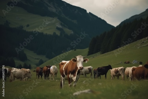 Cows grazing on lush green meadows field at farmland on Alpine mountains background. © Ilia