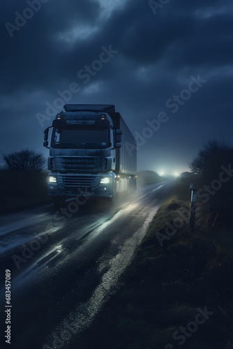 a logistics delivery shipping transportation commercial cargo truck vehicle moving on a road at night