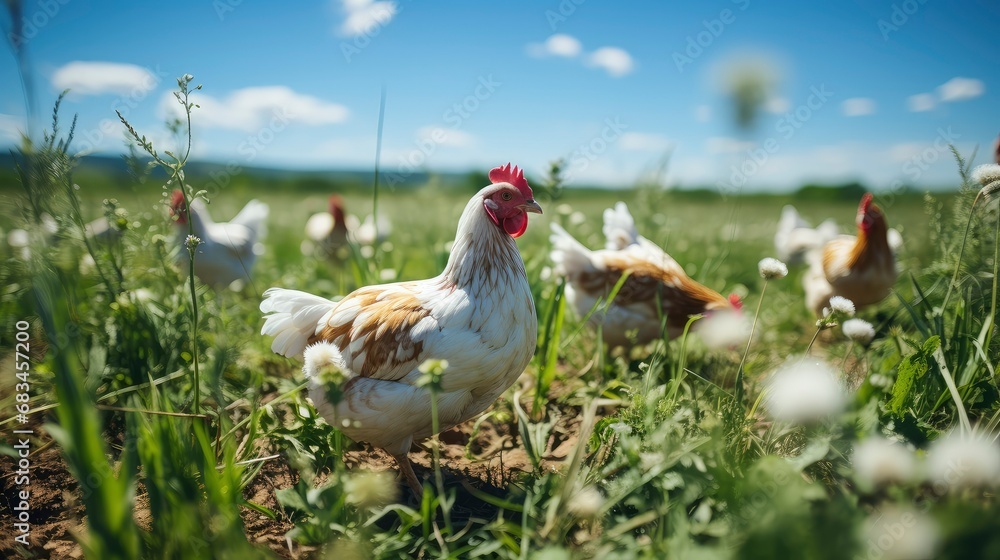 Chicken farm with green grass and clear sky Chicken farm with green grass and clear sky