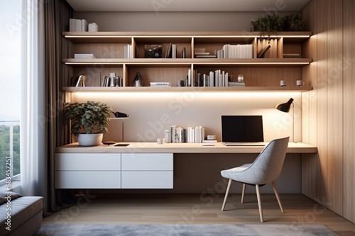 A study nook with a wall-mounted desk, efficient storage, and soft lighting, embodying Scandinavian functionality and style © artist