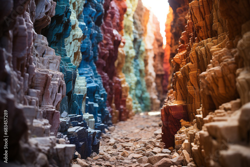 multicolor cavern's timelessness and grandeur, embodying ancient rock walls, play of light and shadow, and connection between deep earth and surface world